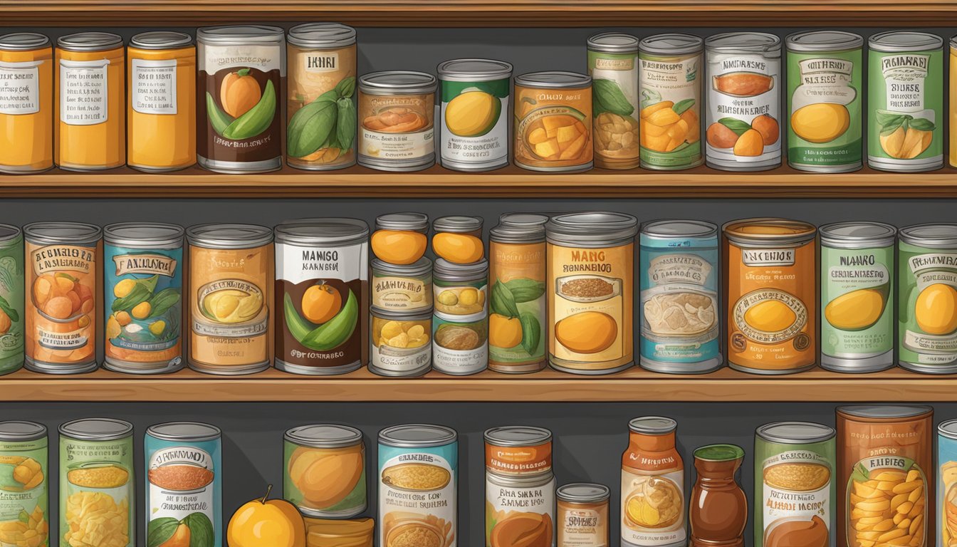 A shelf of canned mango paste in a pantry, surrounded by other preserved foods