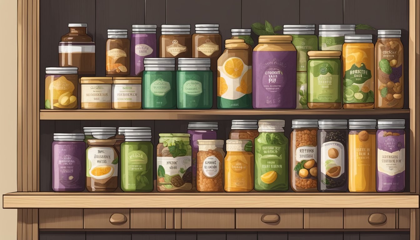 A pantry shelf with a row of canned monk fruit extract, surrounded by other preserved foods and ingredients