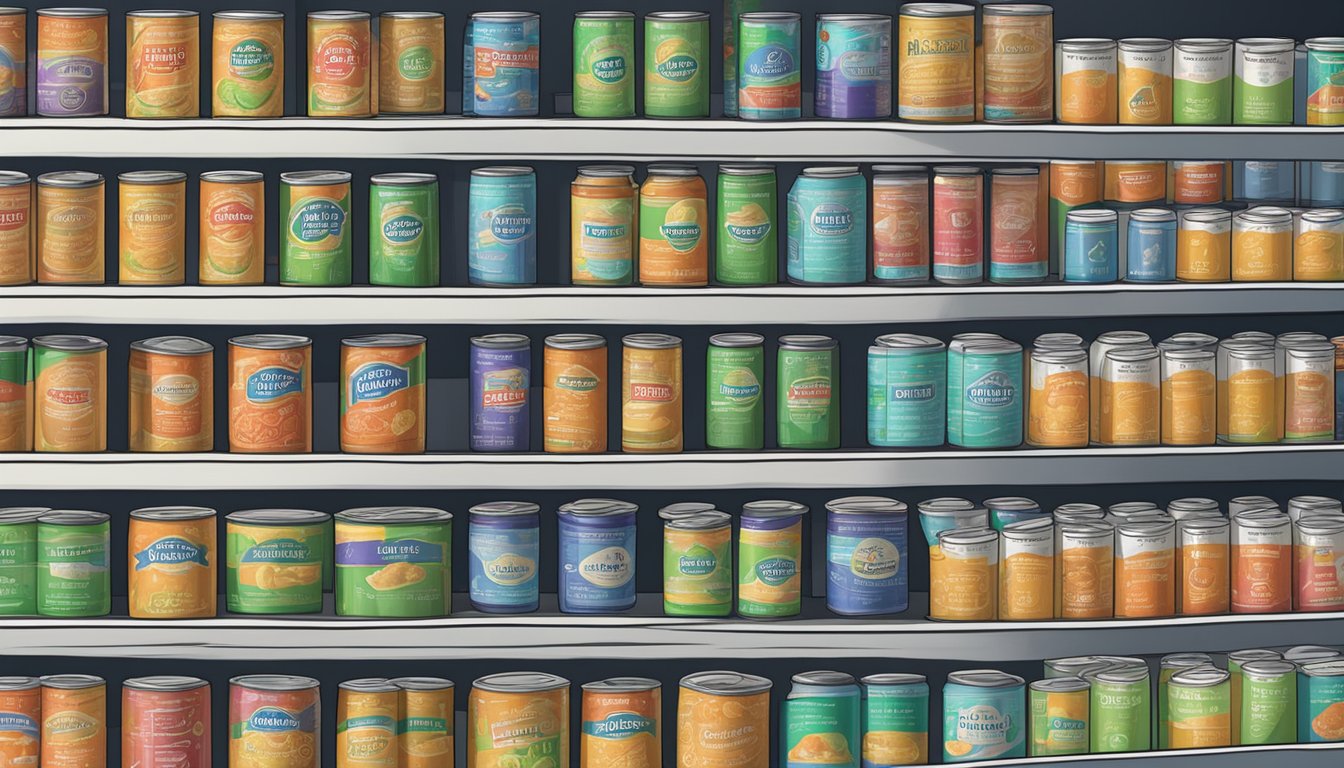 A pantry shelf with rows of canned oligofructose, labeled with expiration dates, in a cool, dry environment