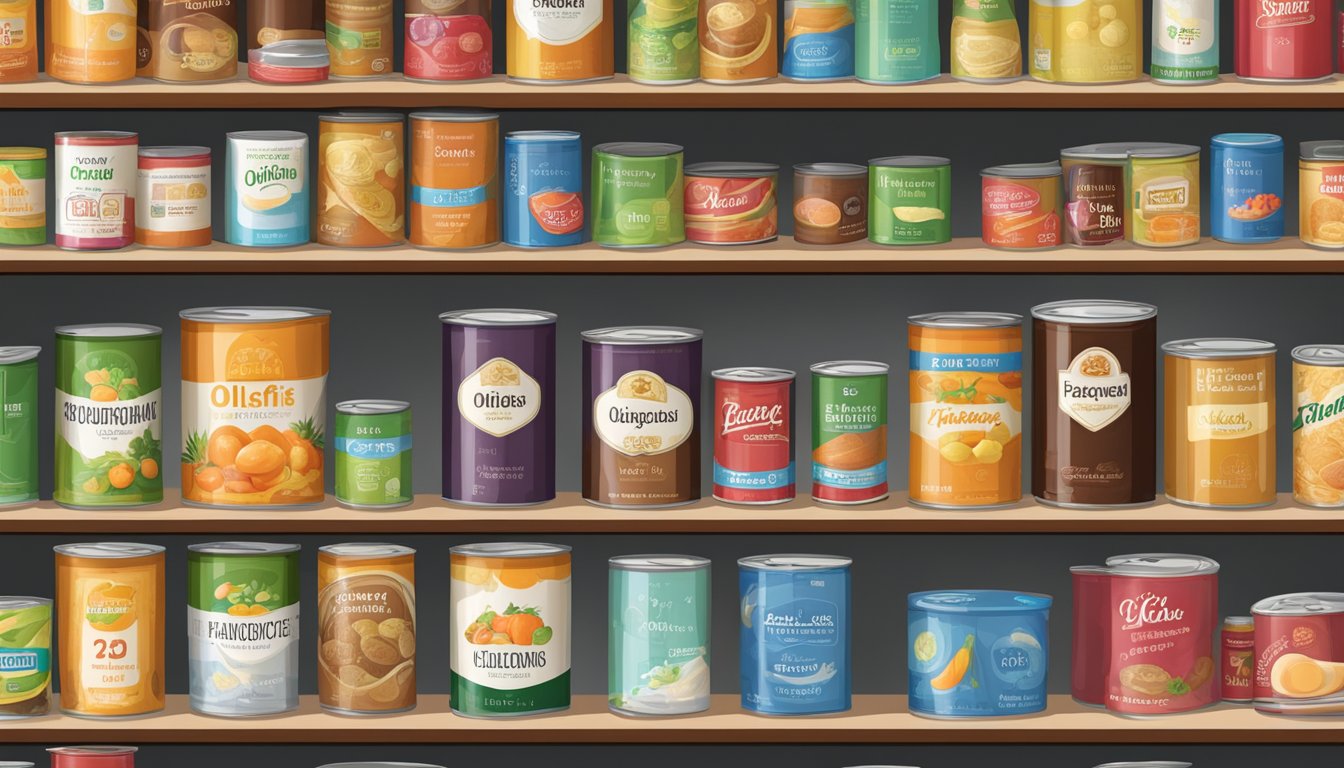 A pantry shelf with various canned goods, including a can of oligofructose, with a label indicating the expiration date