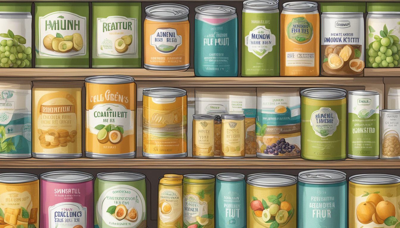 A pantry shelf with a row of canned monk fruit extract, some unopened and others with expired dates, surrounded by various food items