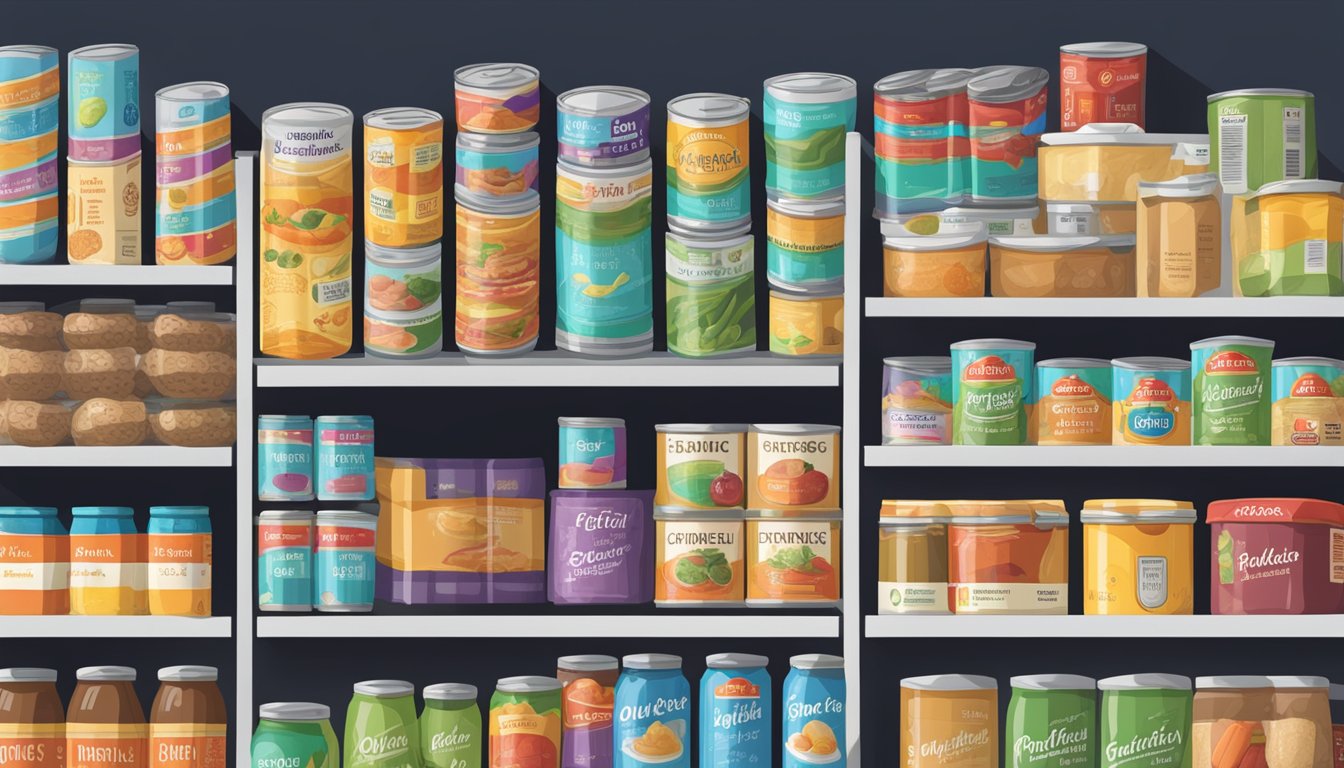 A pantry shelf filled with various canned goods, including oligofructose, with expiration dates clearly labeled