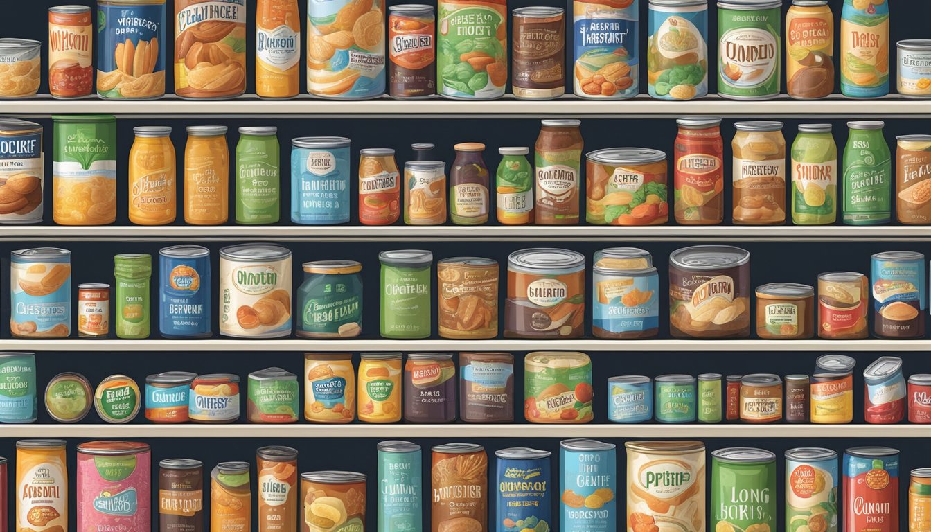 A pantry shelf with rows of canned oligofructose, some with expiration dates, and others without, surrounded by other long-lasting food items