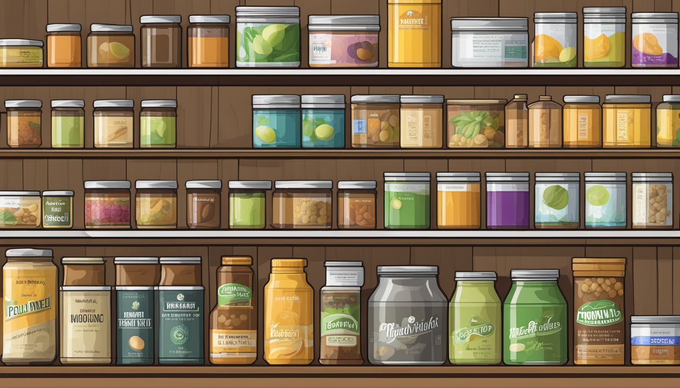 A pantry shelf with various canned goods, including a labeled container of monk fruit extract