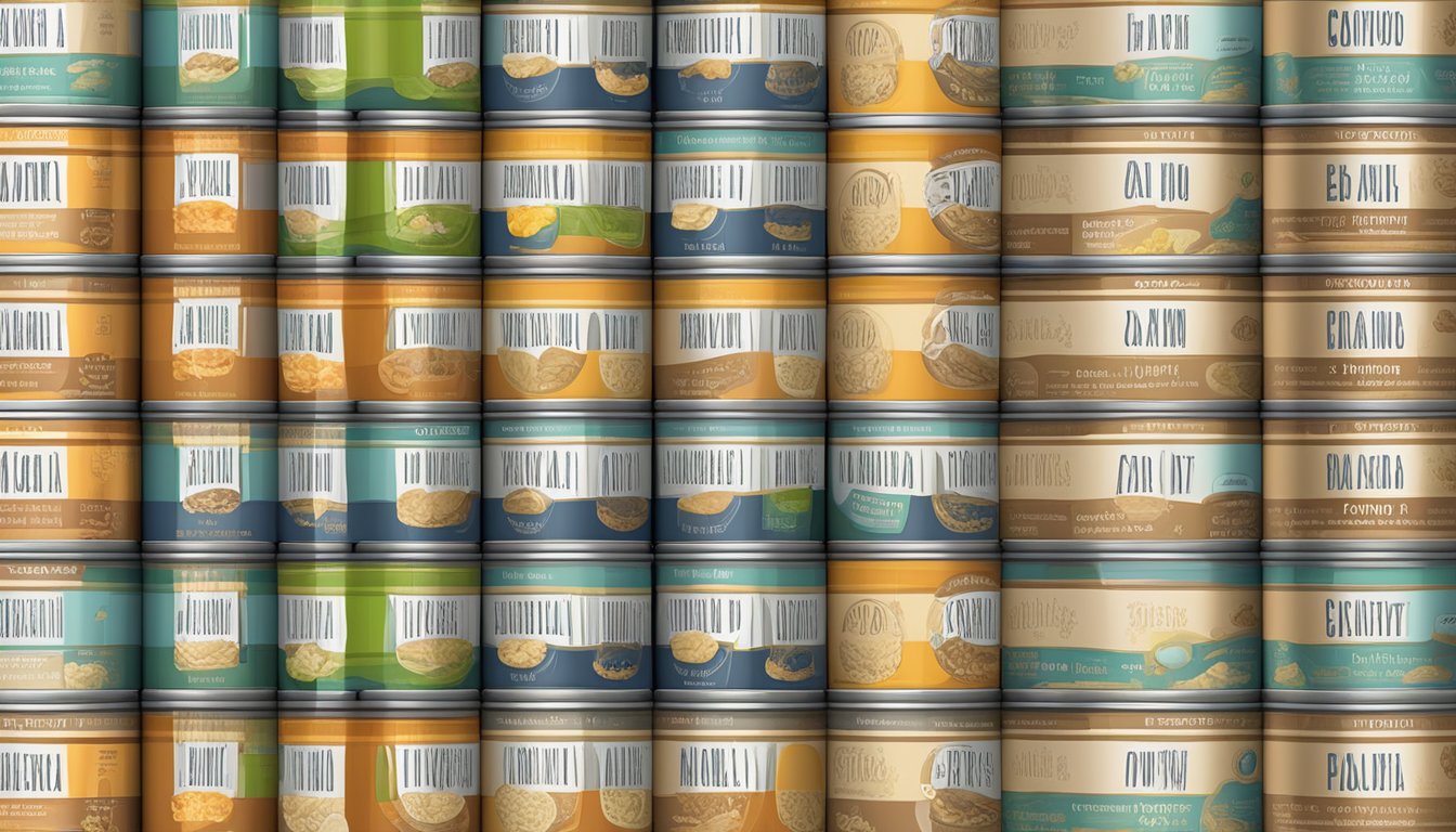 A pantry shelf with a neatly organized row of canned oat fiber, with expiration dates clearly labeled on each can