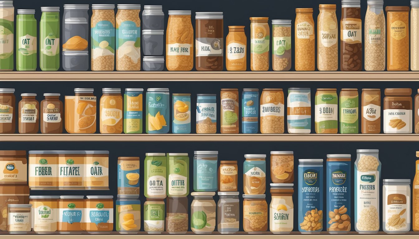 A pantry shelf with various canned foods, including oat fiber, arranged neatly with expiration dates visible