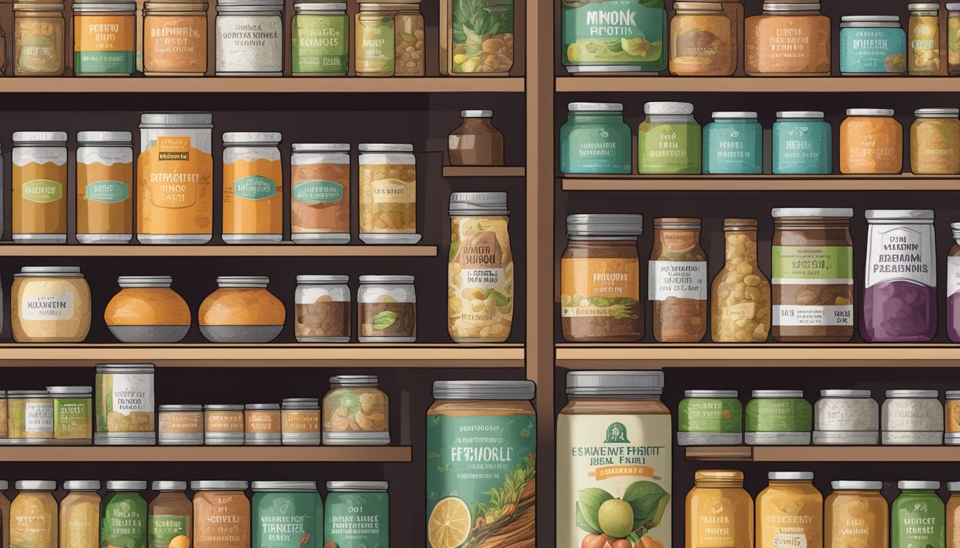 A pantry shelf with neatly arranged canned monk fruit extract, surrounded by other preserved foods and labeled with expiration dates