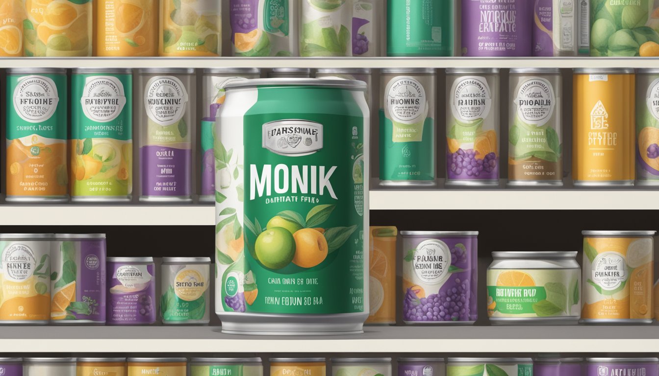 A pristine, unopened can of monk fruit extract sits on a shelf surrounded by other canned goods, with a clear expiration date visible on the label