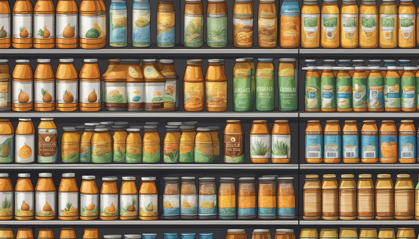 A shelf with rows of canned palm oil, some with expiration dates