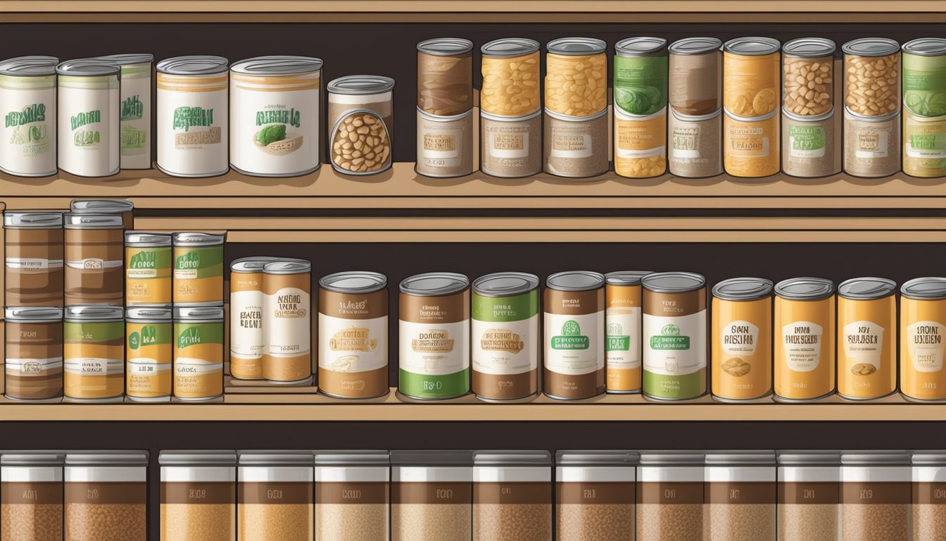 A well-stocked pantry with neatly organized shelves holding rows of canned oat fiber, with expiration dates clearly visible on the labels