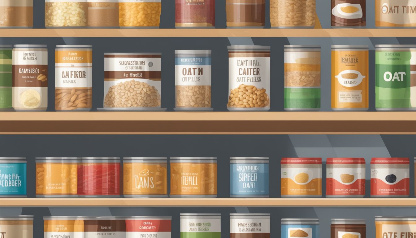 A pantry shelf with rows of canned goods, including oat fiber, labeled with expiration dates