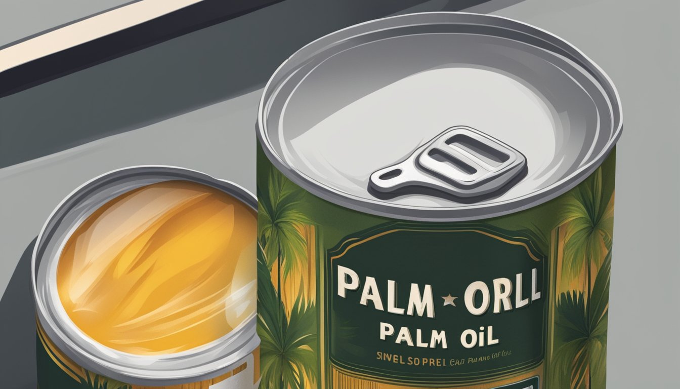 A can of palm oil sits on a shelf, its label faded and dented. The oil inside appears dark and cloudy, emitting a strong, unpleasant odor