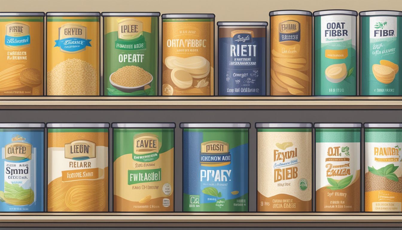 A pantry shelf with a row of canned oat fiber, some partially used, with expiration dates clearly marked