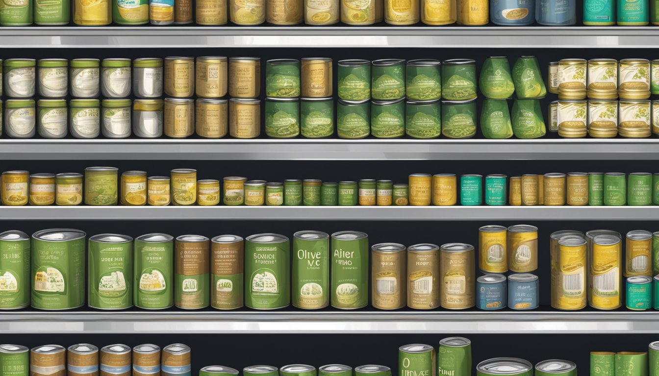 A pantry shelf with rows of canned olive oil, some partially used, others unopened, with expiration dates visible on the labels