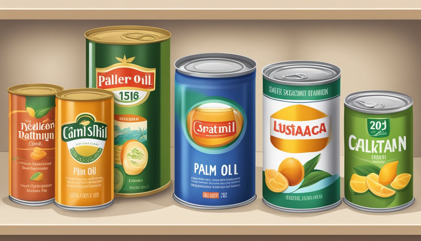 A pantry shelf with various canned goods, including a can of palm oil, with expiration date visible