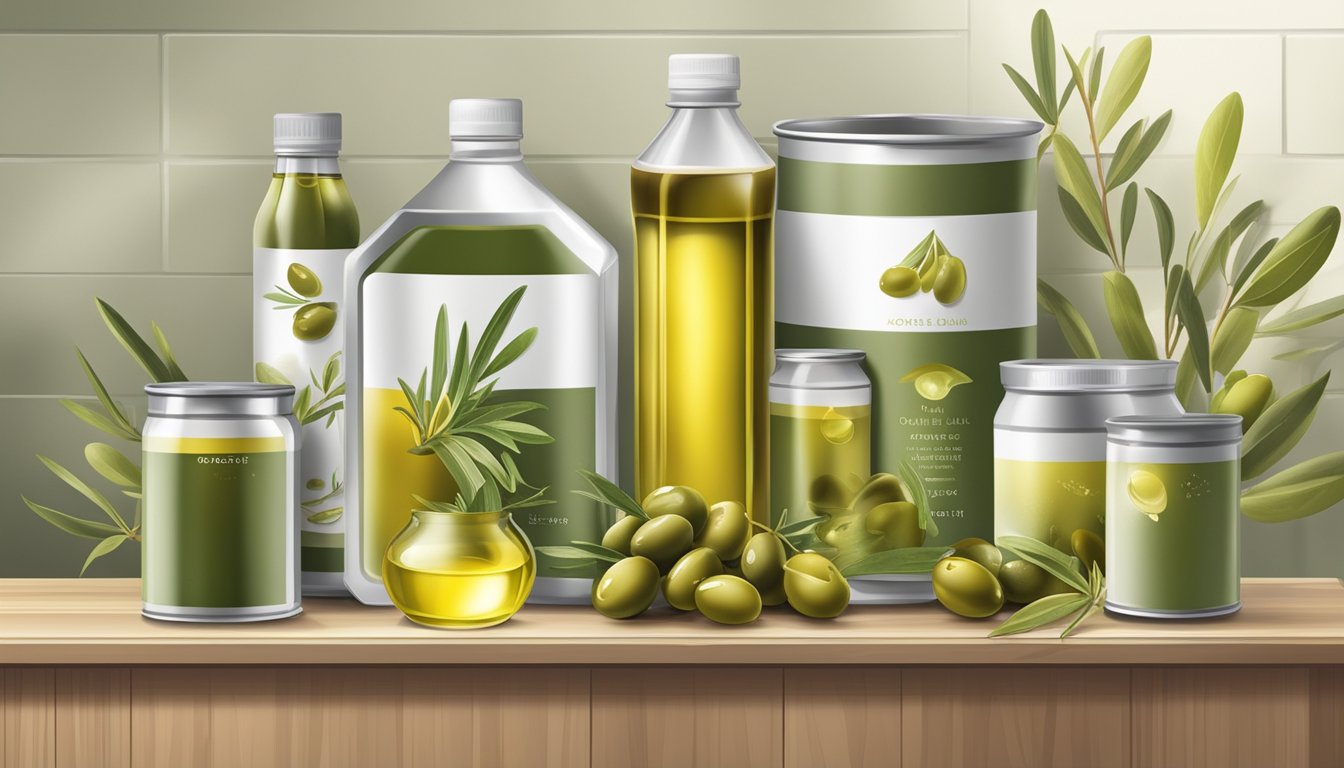 A sealed can of olive oil sits on a shelf, surrounded by various factors affecting its shelf life, such as light, temperature, and air exposure