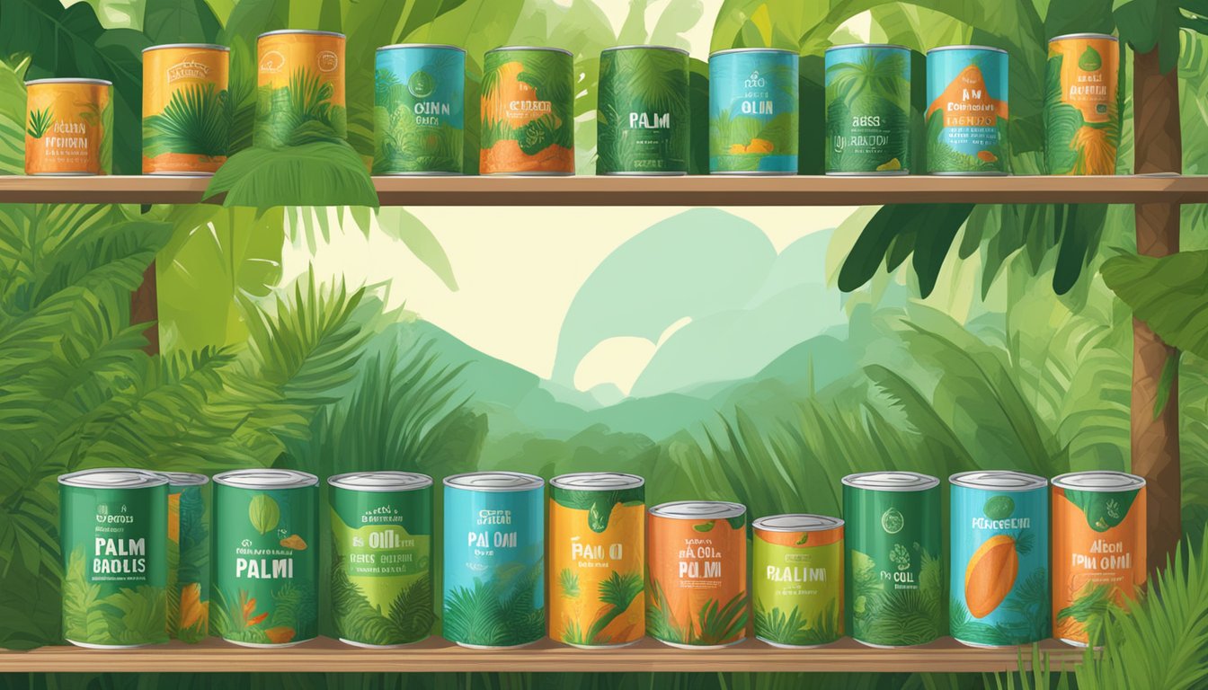 A shelf with cans of palm oil, surrounded by lush greenery and wildlife. The cans are labeled with expiration dates, emphasizing sustainability