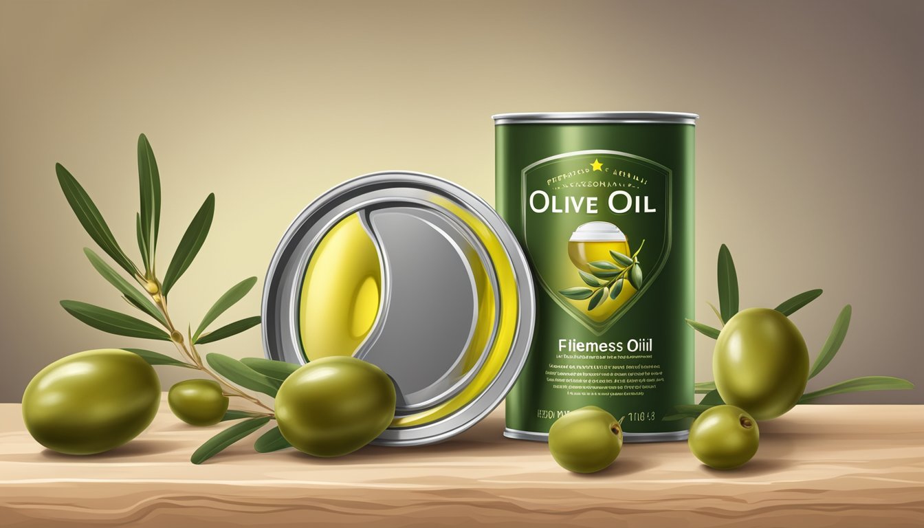 An open can of olive oil with a label being examined for freshness