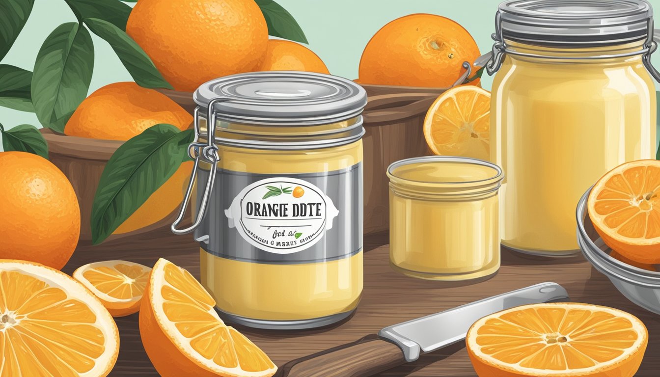 A jar of orange curd sits on a shelf, surrounded by fresh oranges and a can opener. The label on the jar indicates the expiration date