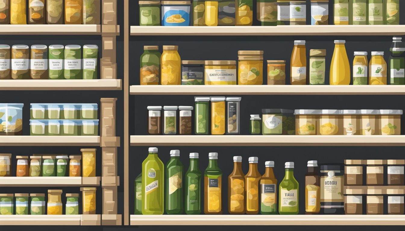 A pantry shelf with various canned goods, including a prominently displayed bottle of olive oil. The label indicates the nutritional content and expiration date