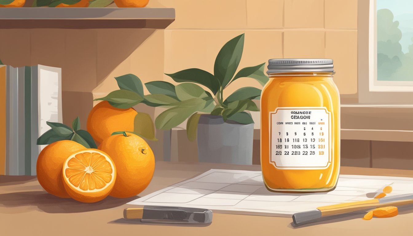 A jar of orange curd sits on a shelf, surrounded by oranges and a calendar with a date marked for expiration