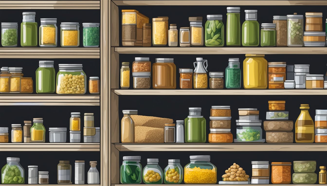 A pantry shelf with various canned goods, including a bottle of olive oil. Dust and cobwebs indicate neglect