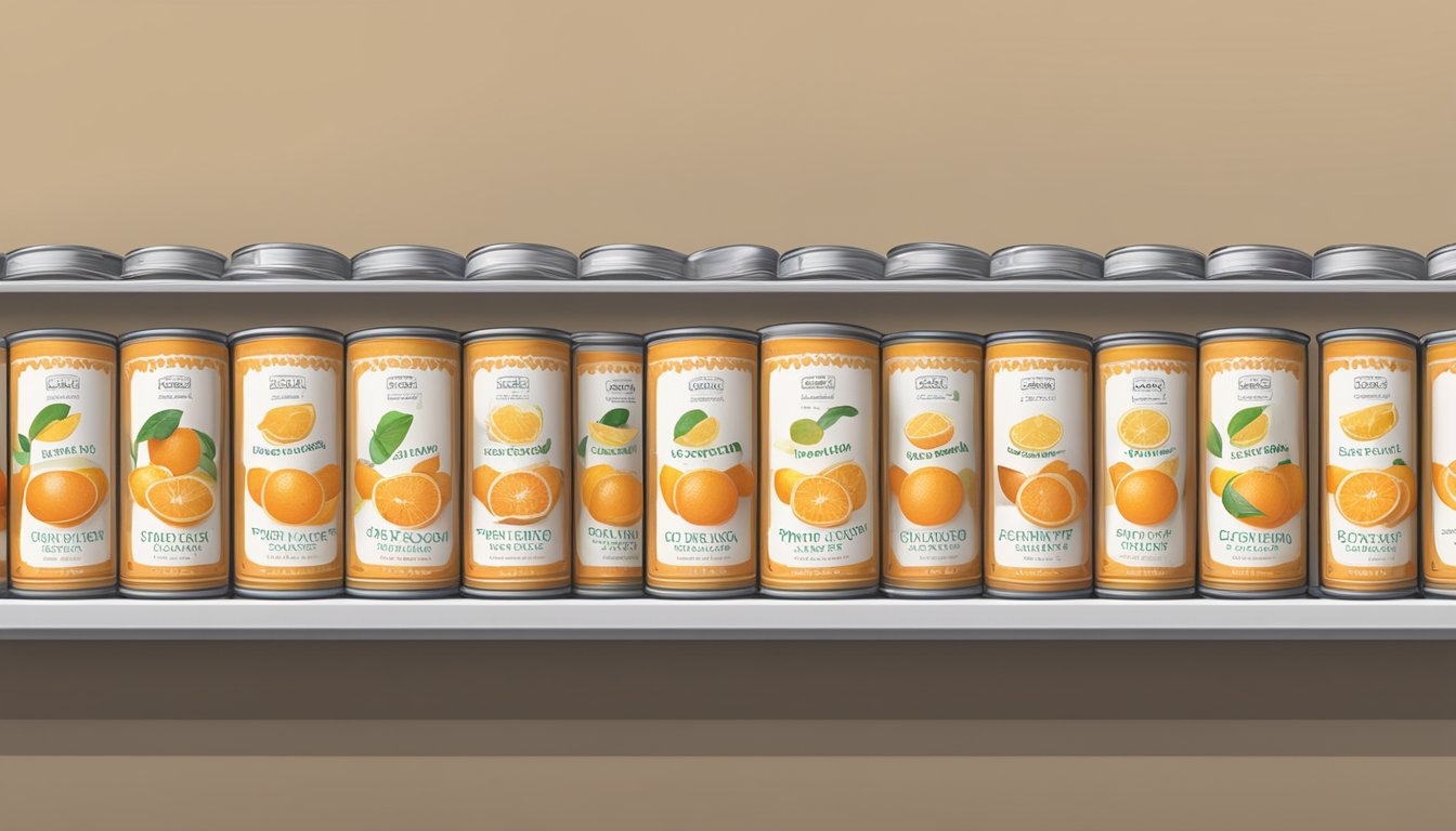 A row of canned orange curd sitting on a shelf, with expiration dates clearly labeled