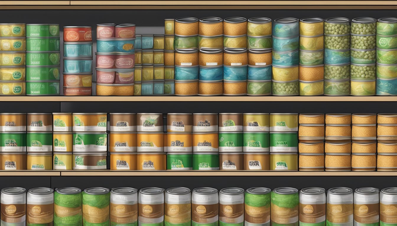 A shelf with rows of canned pea fiber, some cans open and partially used, others unopened and neatly stacked, with expiration dates printed on the labels