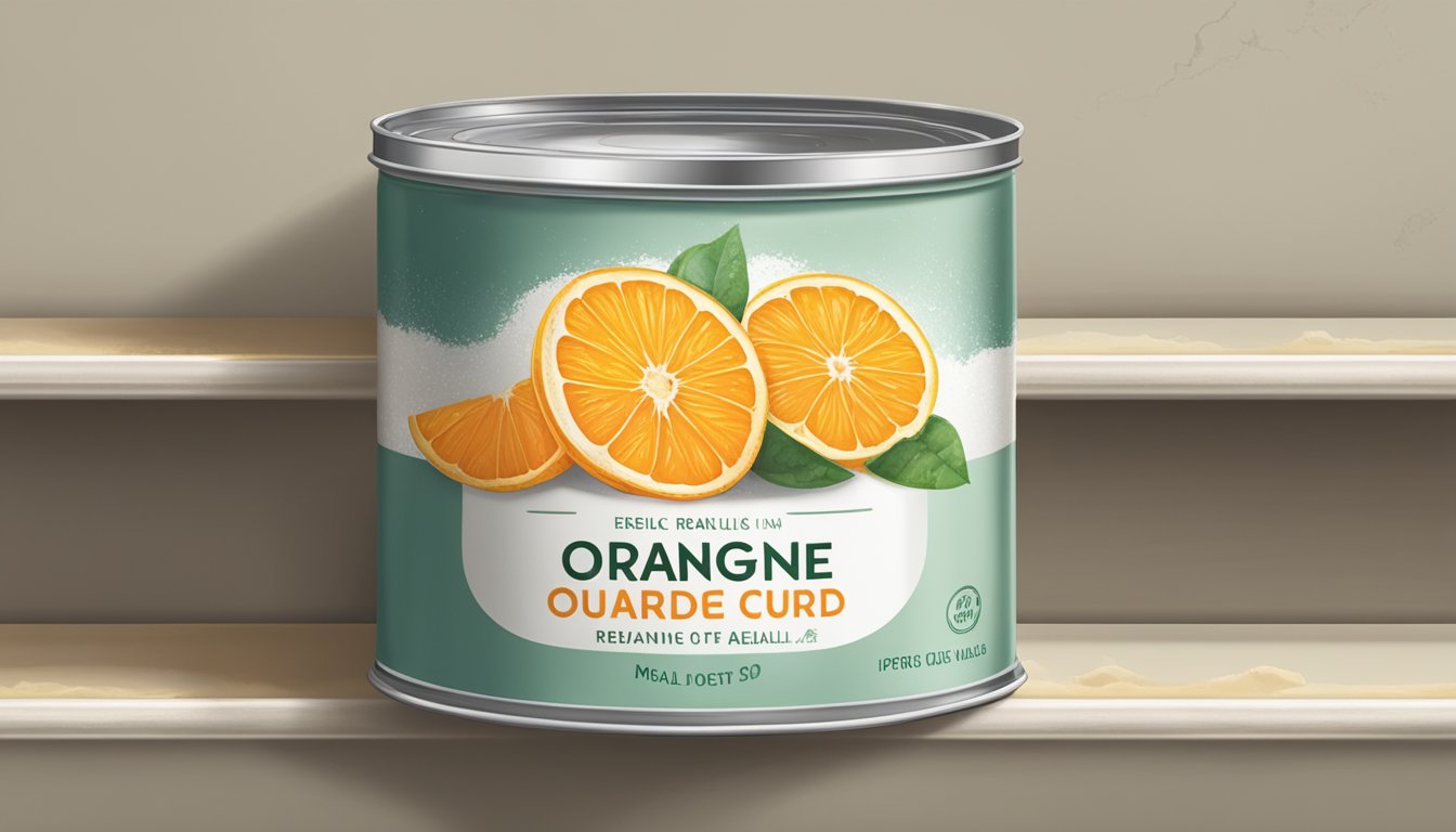 A can of orange curd sits on a shelf, its label faded and dented. Mold spots begin to form on the lid, indicating spoilage