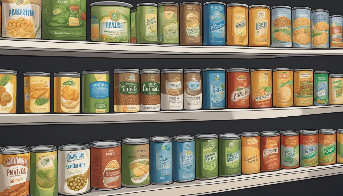 A pantry shelf with various canned foods, including canned pea fiber, with expiration dates visible