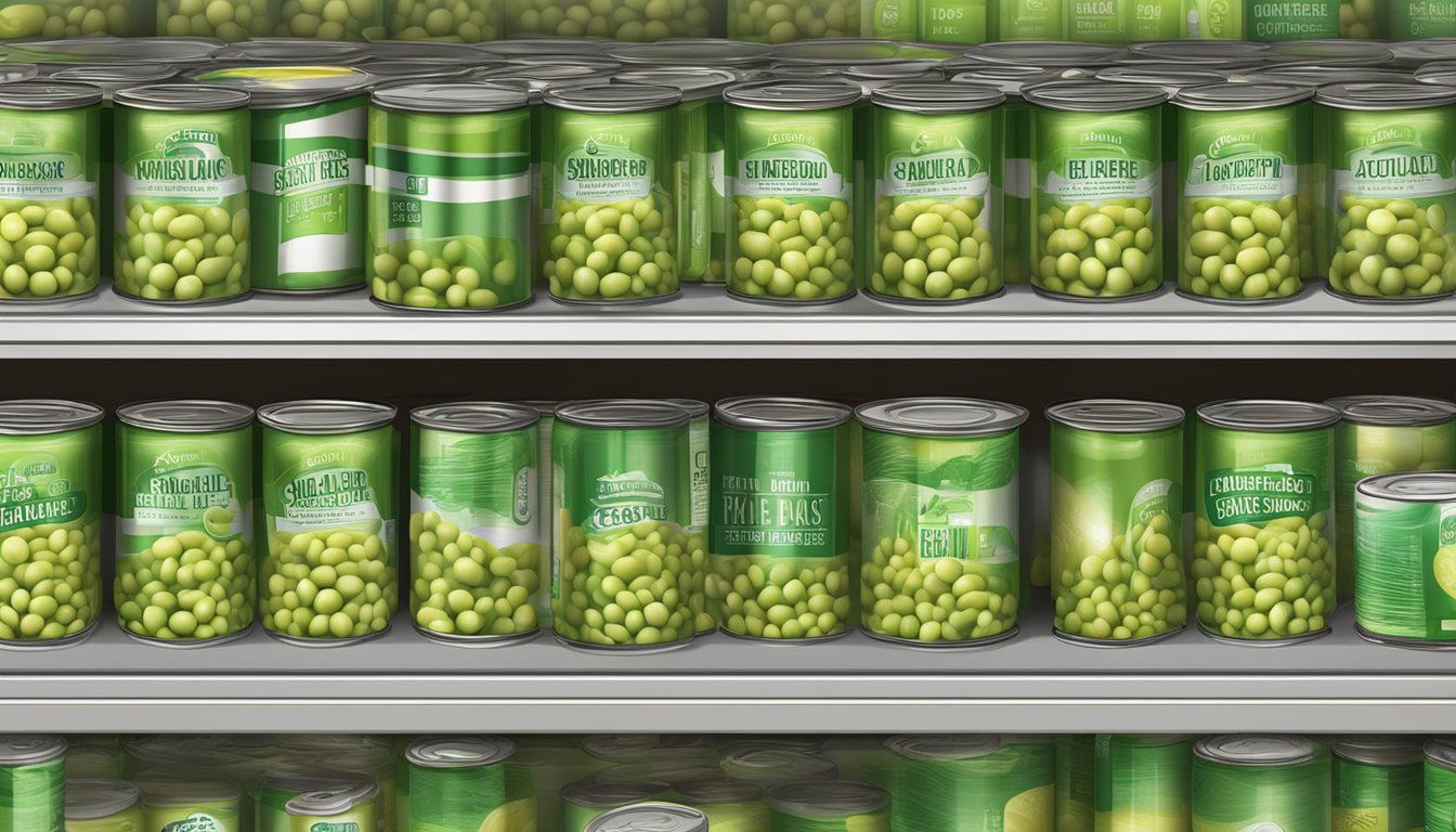 Canned peas on shelf with expiration date visible