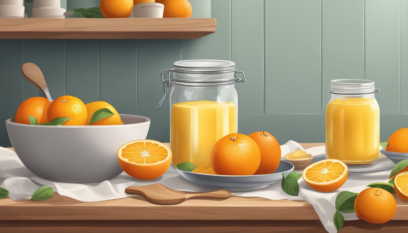 A kitchen counter with a jar of canned orange curd, surrounded by fresh oranges and baking ingredients