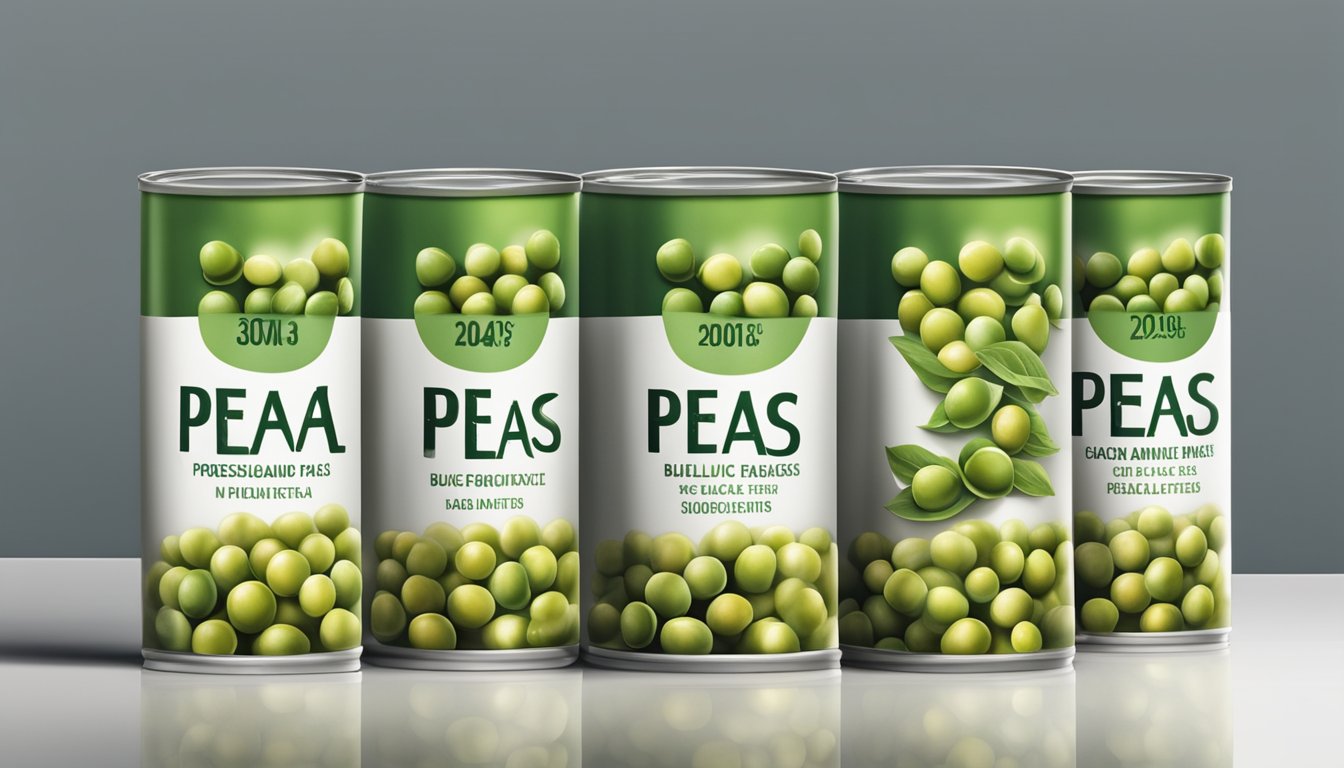 A row of canned peas with bulging lids and discolored contents