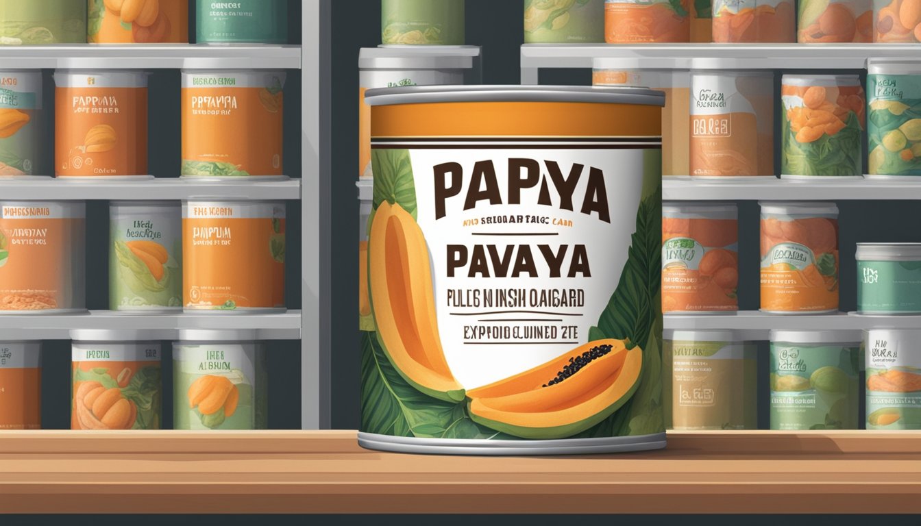 A can of papaya paste sits on a shelf, surrounded by other canned goods. The label shows the expiration date, while the can itself appears unopened and undamaged