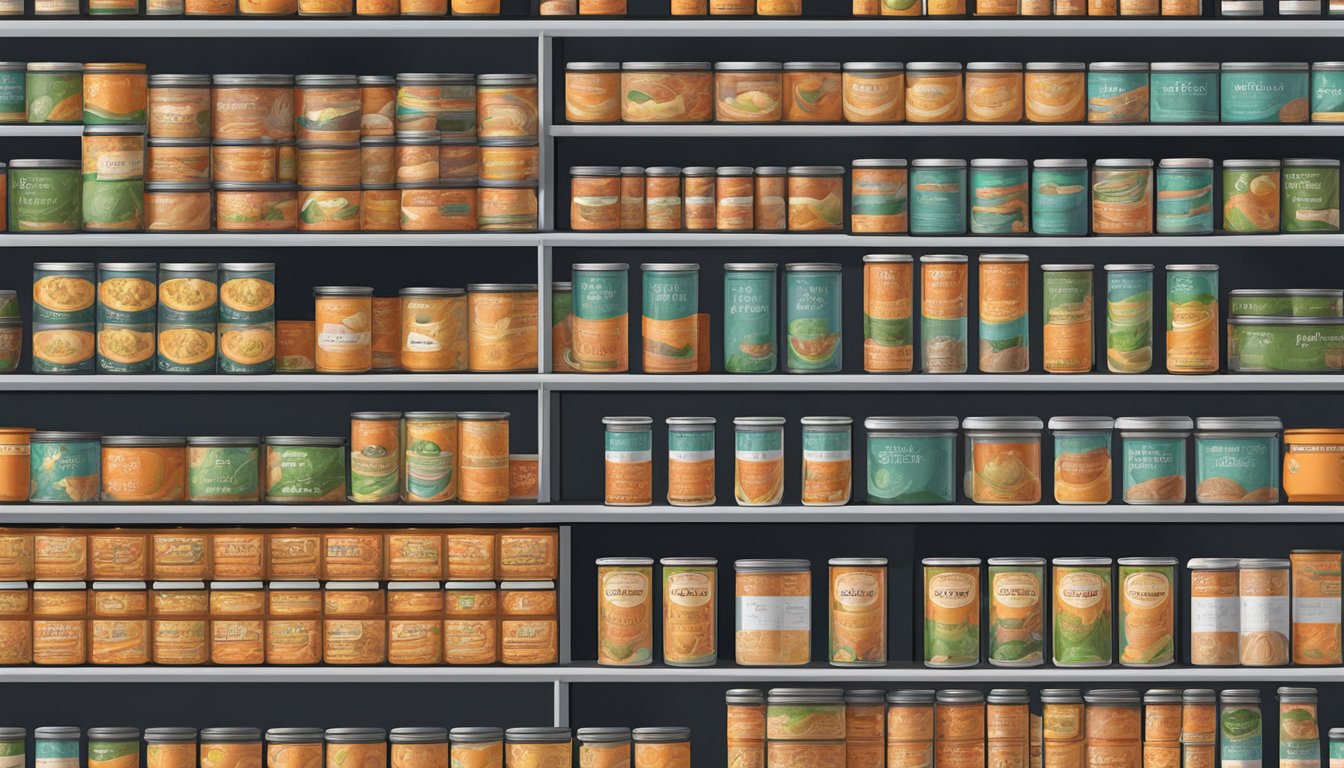 A pantry shelf with rows of canned papaya paste, some with expiration dates visible