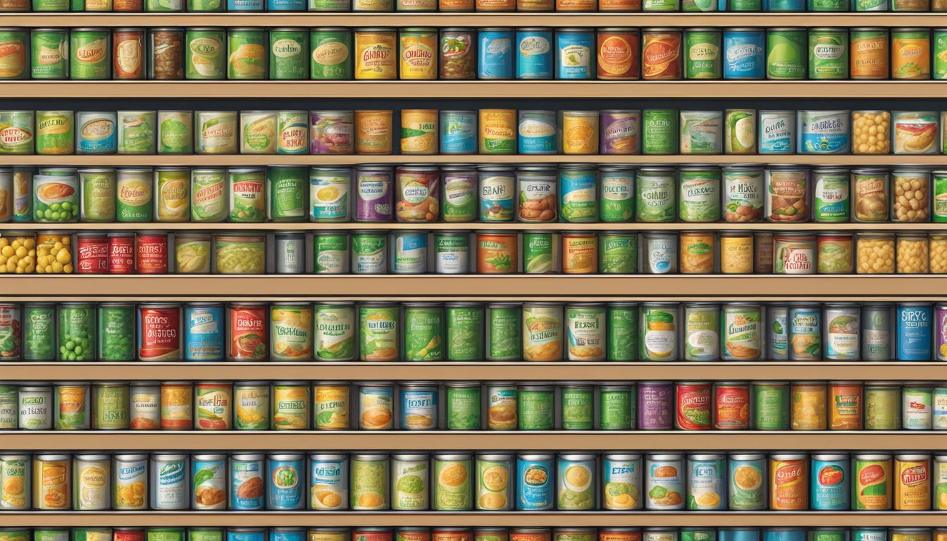 A shelf filled with various types of canned food, including peas, with expiration dates clearly visible