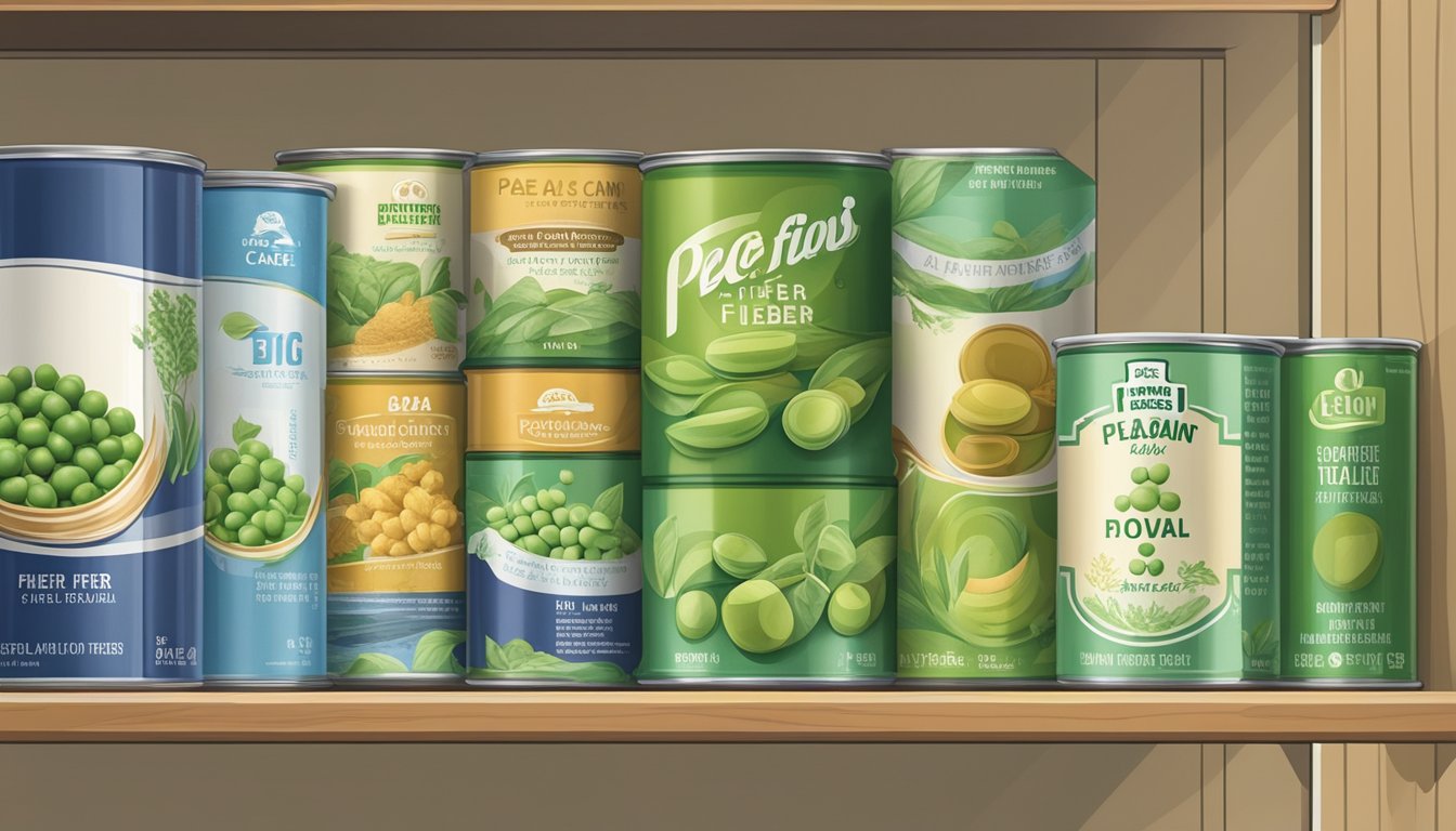 A sealed can of pea fiber sits on a shelf, surrounded by other canned goods. The label is clean and intact, and the can shows no signs of damage or rust