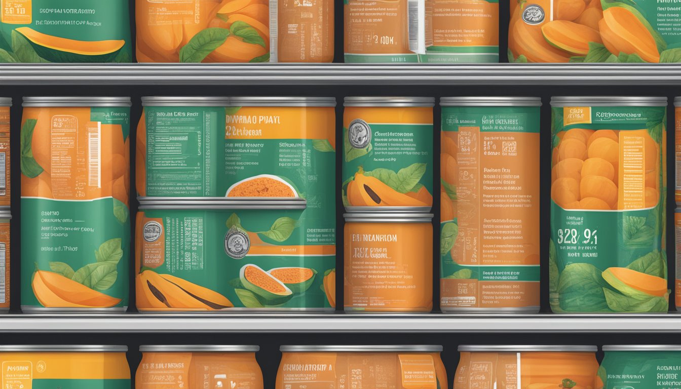 A shelf with rows of canned papaya paste, expiration dates visible