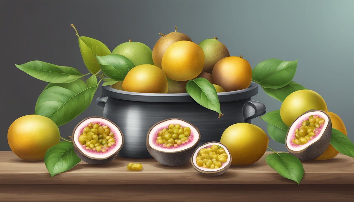 A table with fresh passion fruits, a pot, and jars for canning