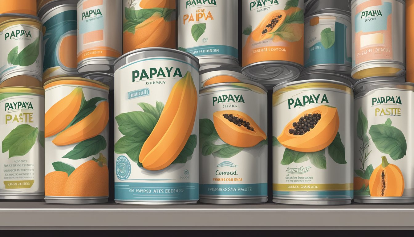 A can of papaya paste sits on a shelf, surrounded by other canned goods. The expiration date is clearly printed on the label