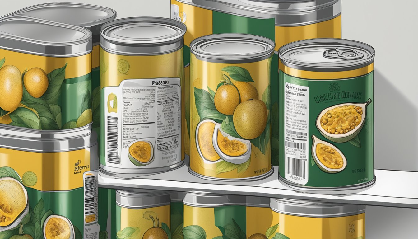 A can of passion fruit paste sits on a shelf, surrounded by other canned goods. The expiration date is prominently displayed on the label