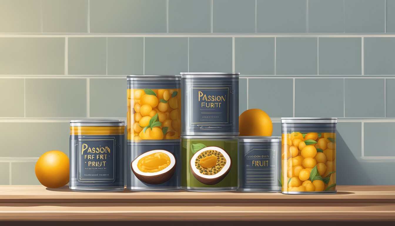 A pantry shelf with neatly stacked canned passion fruit paste, surrounded by a cool, dry atmosphere with minimal light exposure