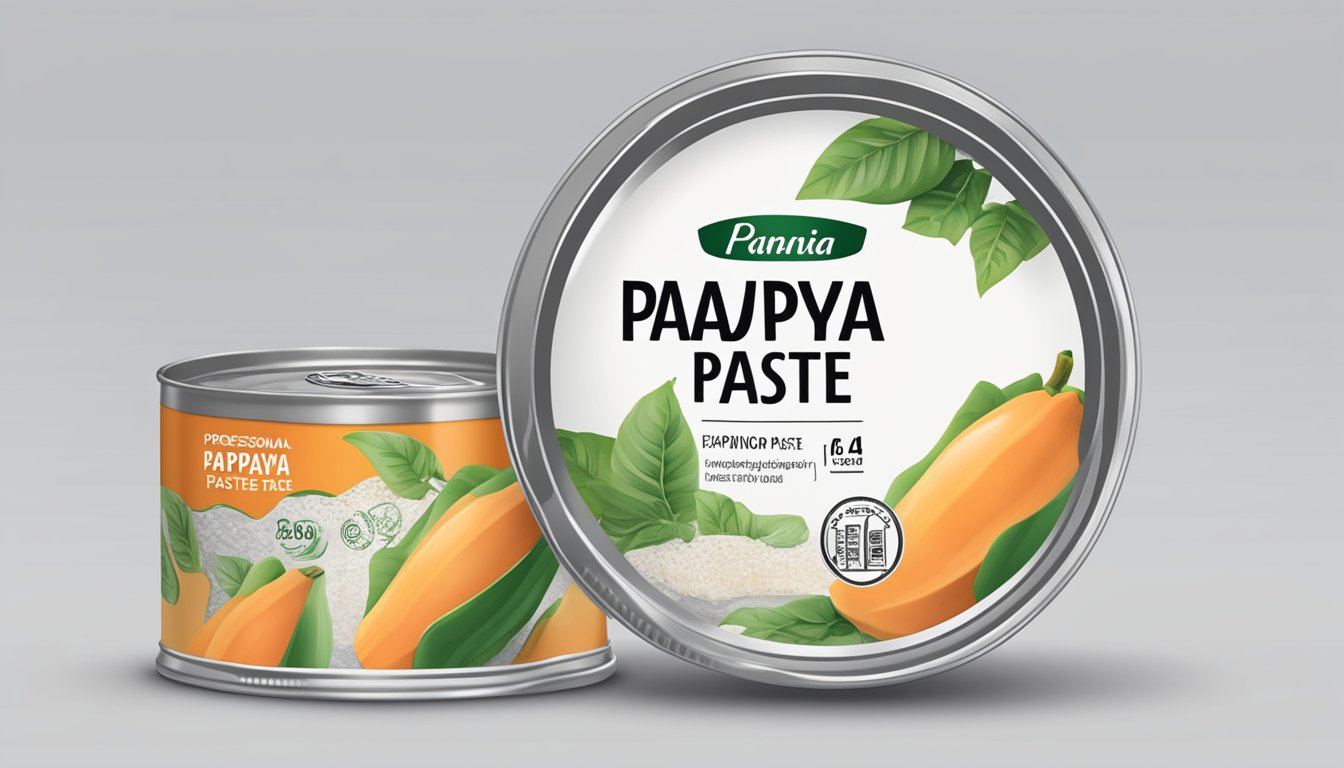 A can of papaya paste with a clear expiration date and label information displayed prominently on the packaging