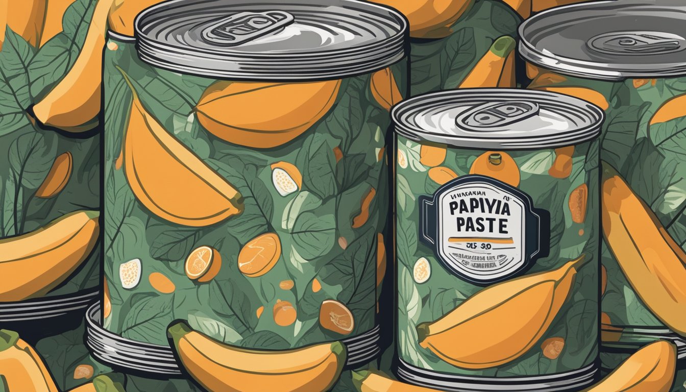 A can of papaya paste sits on a shelf, surrounded by other canned goods. The expiration date is clearly visible, indicating its shelf life