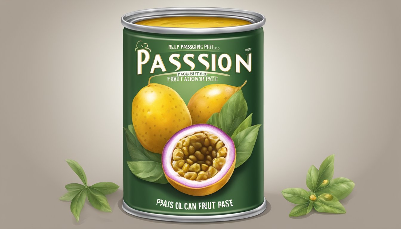 A bulging, dented can of passion fruit paste with a foul odor, mold growth, and discoloration