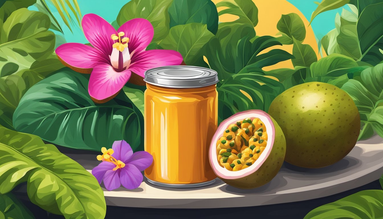 A colorful, tropical scene with a ripe passion fruit surrounded by lush green leaves and vibrant flowers, with a can of passion fruit paste in the background