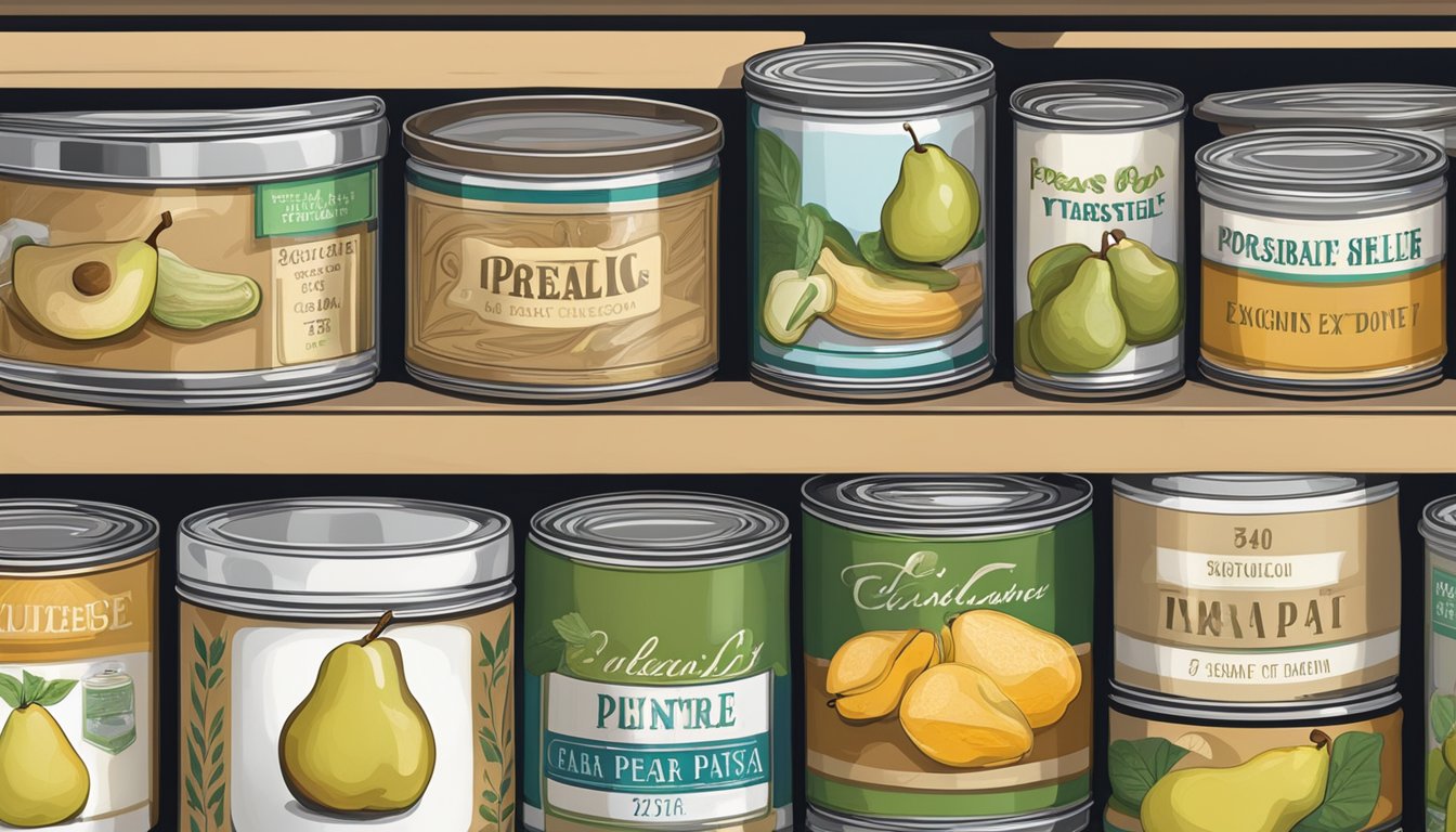 A pantry shelf with various canned goods, including a jar of pear paste. The label indicates the expiration date