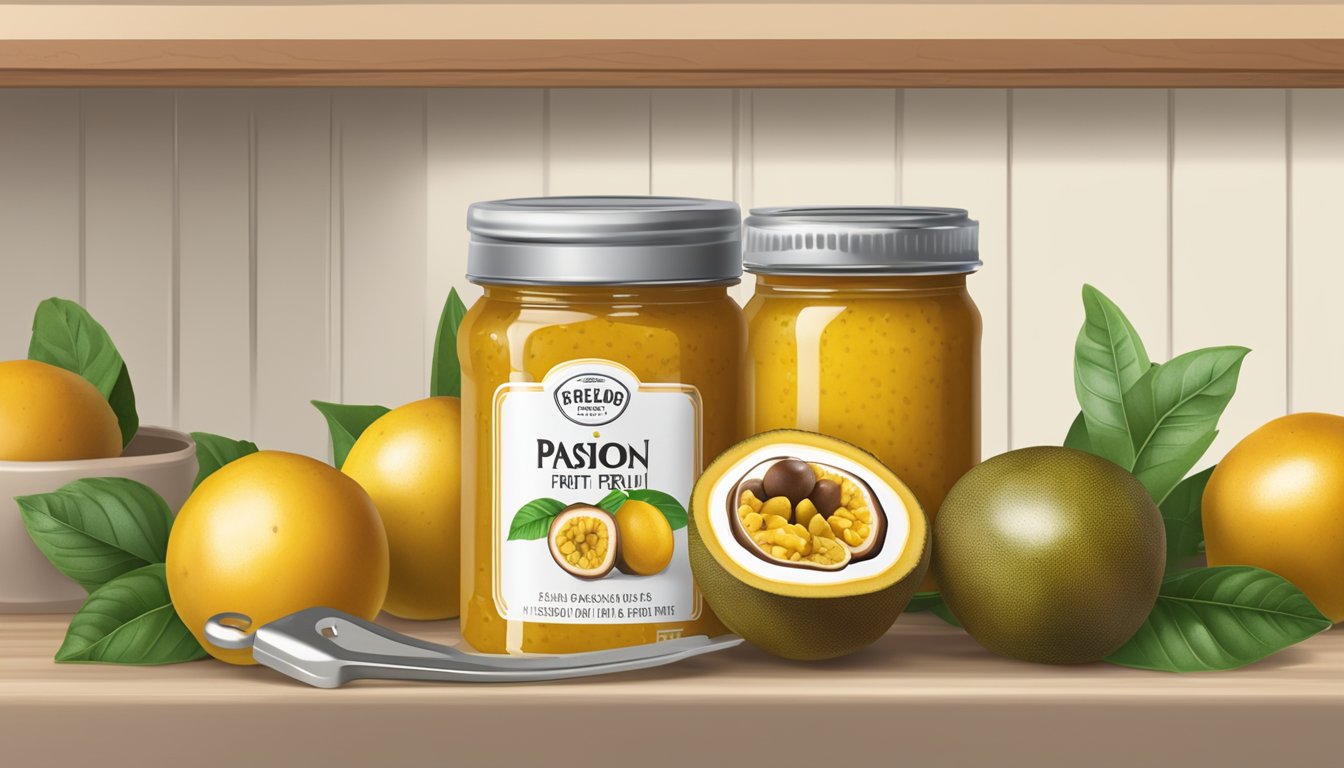 A jar of passion fruit paste sits on a kitchen shelf, surrounded by fresh passion fruits and a can opener