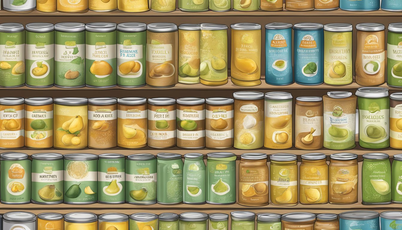 A shelf with a variety of canned pear paste, some showing signs of spoilage, while others appear fresh and safe to consume