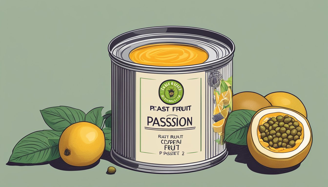 A can of passion fruit paste sits next to a pile of fresh passion fruit. The can is labeled with a date indicating its expiration